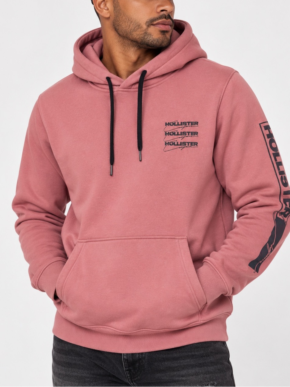 Hollister Y2K Skater Men's Rose Dust Pullover Hoodie with Logo Sleeve Sz XLArge